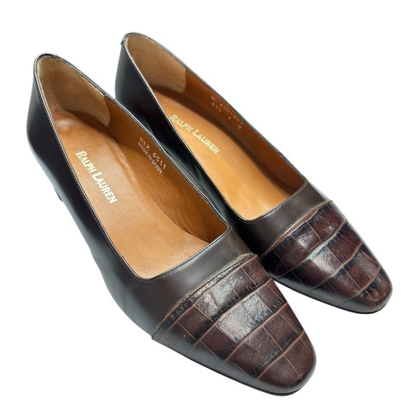 VTG Ralph Lauren Womens Brown Croc Embossed Block Heel Pump Size 7 Made in Spain - Picture 12 of 13